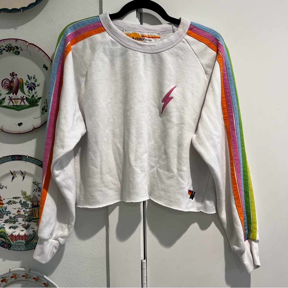Aviator Nation White Hoodie with Multicolor Stripes
